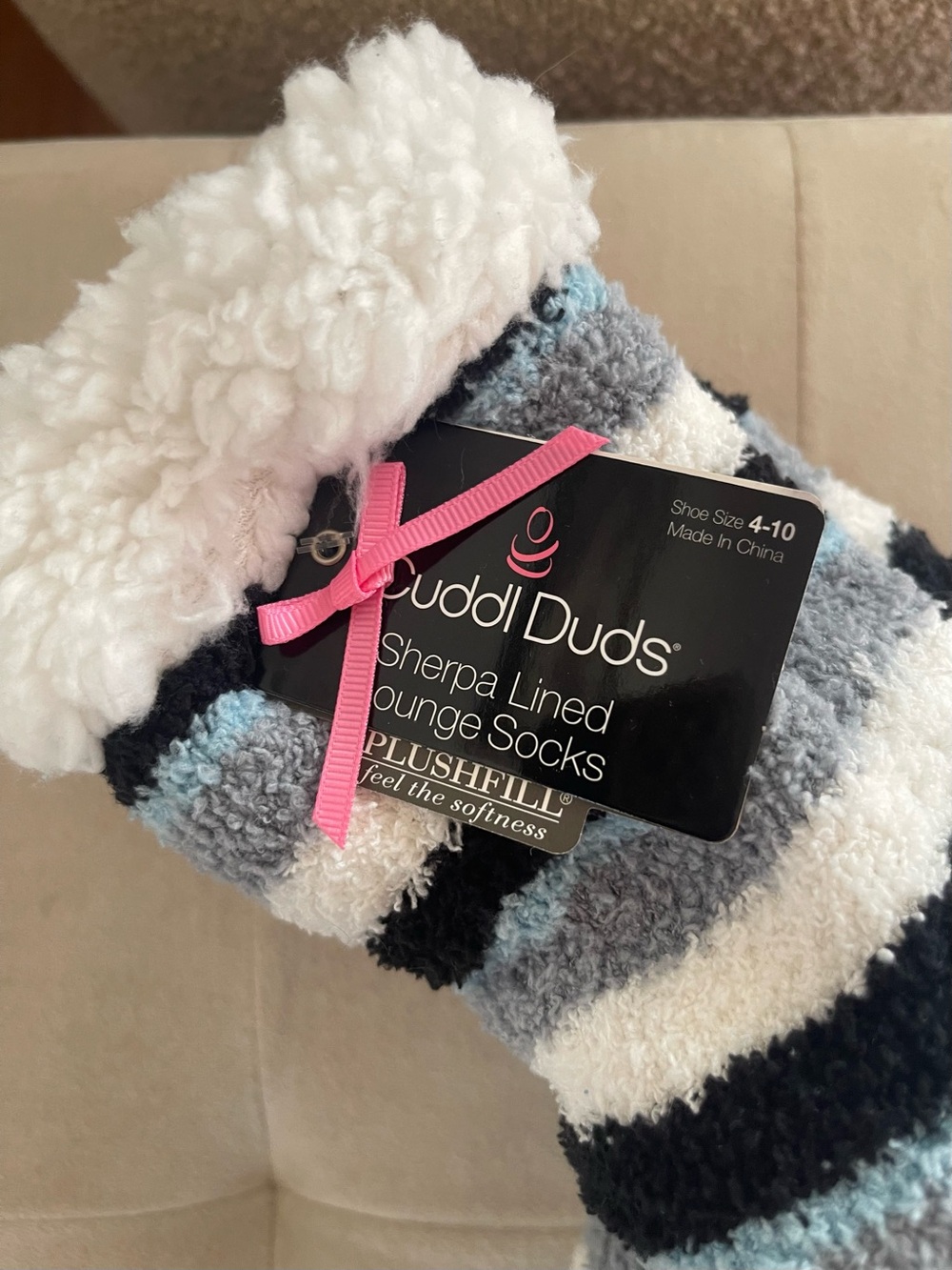 Cuddl Duds Sherpa-Lined Lounge Socks - White, Light Blue & Gray Stripes